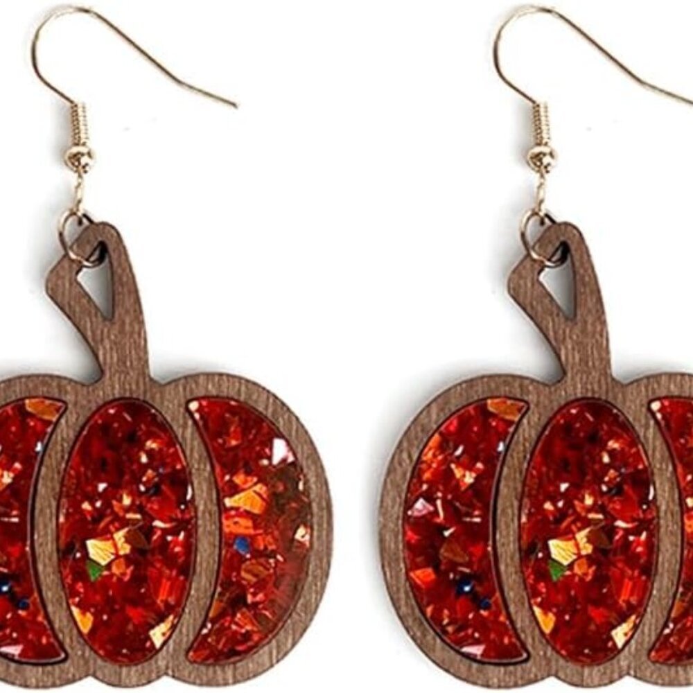 Thanksgiving Fall Pumpkin Leopard Print Acrylic Wooden Dangle Drop Earrings Hand